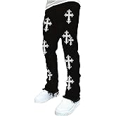 WDIRARA Men's Cross Graphic Jeans Raw Hem Long Denim Pants Streetwear