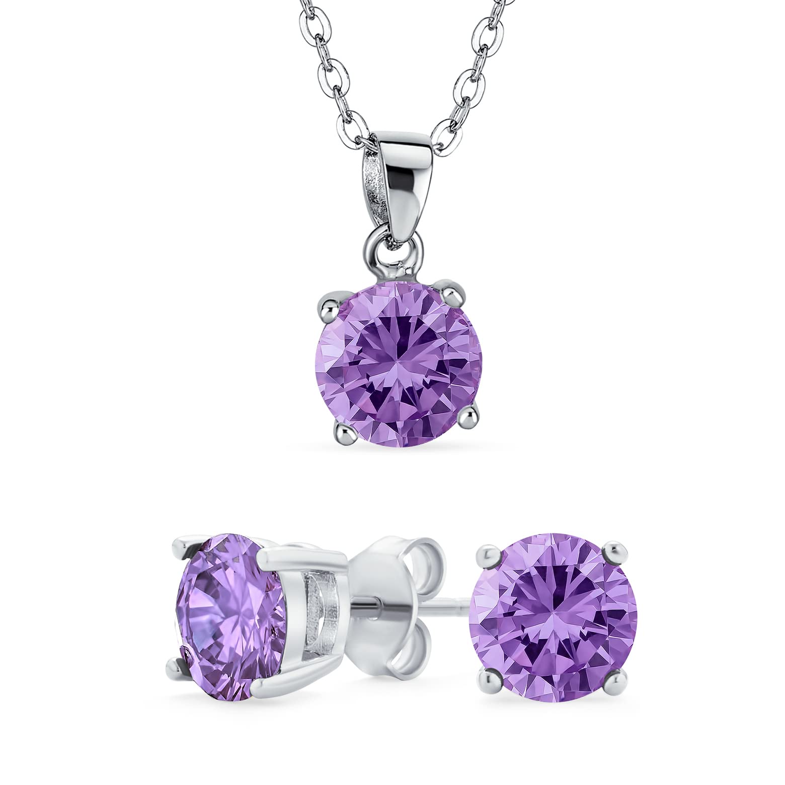 Bling Jewelry Simple Delicate Solitaire Round Lavender Pendant Stud Earrings Set Cubic Zirconia Simulated Alexandrite Rhodium Plated .Silver 18In