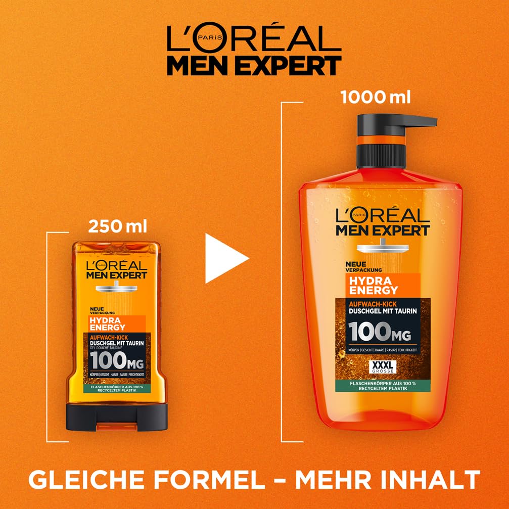 L'Oréal Men Expert XXXL Duschgel und Shampoo für Männer, Duschbad zur Reinigung von Körper, Haar und Gesicht, Herren Körperpflege für langanhaltende Frische mit Taurin, Hydra Energy, 1 x 1000 ml 3