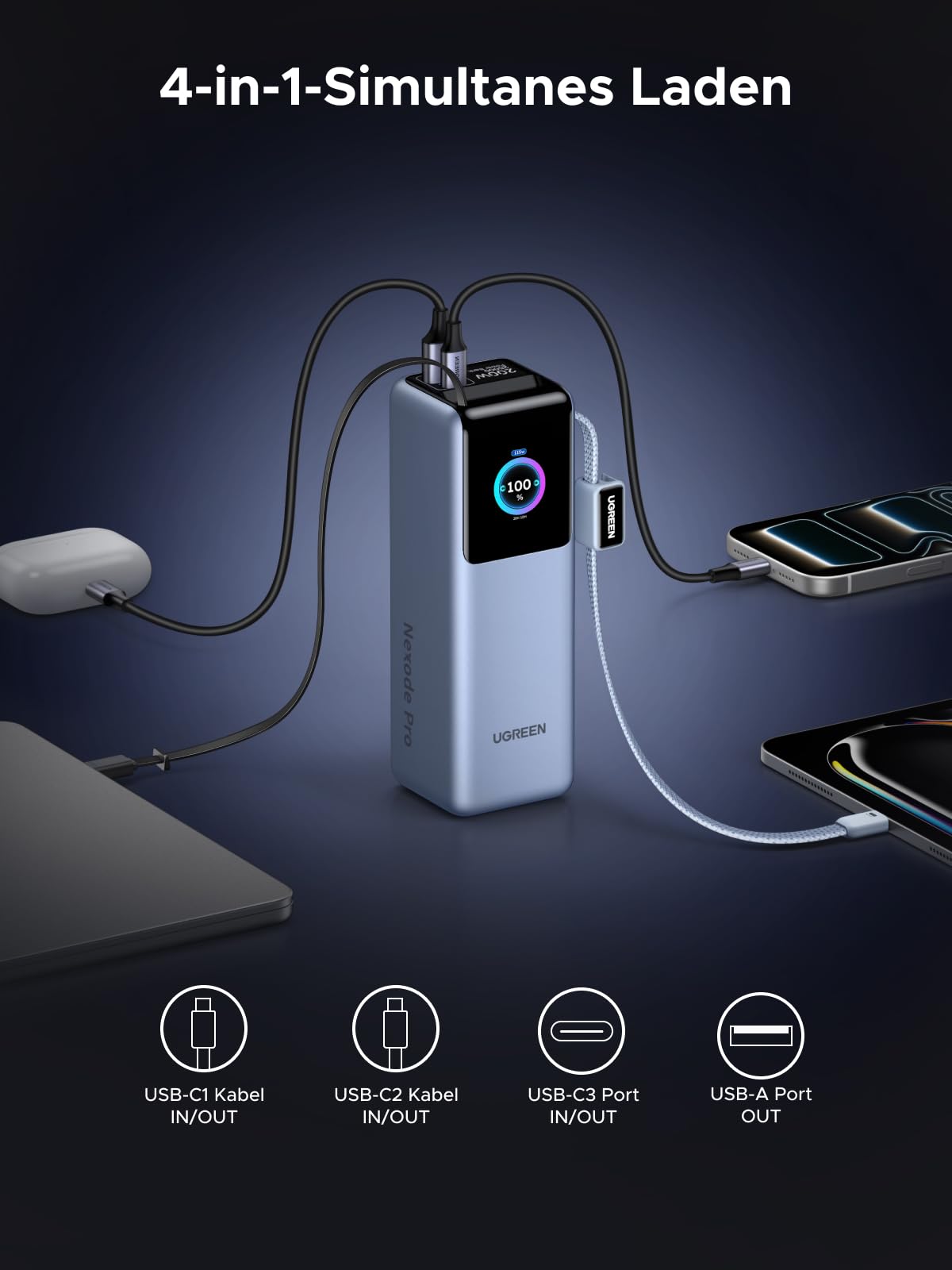 UGREEN Nexode Pro Power Bank, 25000mAh 200W Max Schnellladen mit 68cm einziehbares Kabel & USB-C Kabel, Kompatibel mit MacBook Pro, Dell XPS, Lenovo, HP Laptops, iPad Pro, Galaxy S25 Ultra, iPhone 17 6