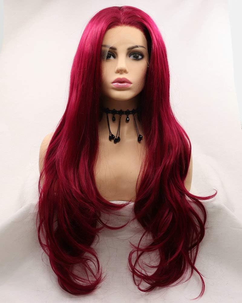 SereneWig Ladies Dark Red Synthetic Lace Front Wigs for Women Cosplay Party Replacement Mermaid Red Real Natural Red Color Long Wavy Synthetic Hair Drag Queen Wigs 24"