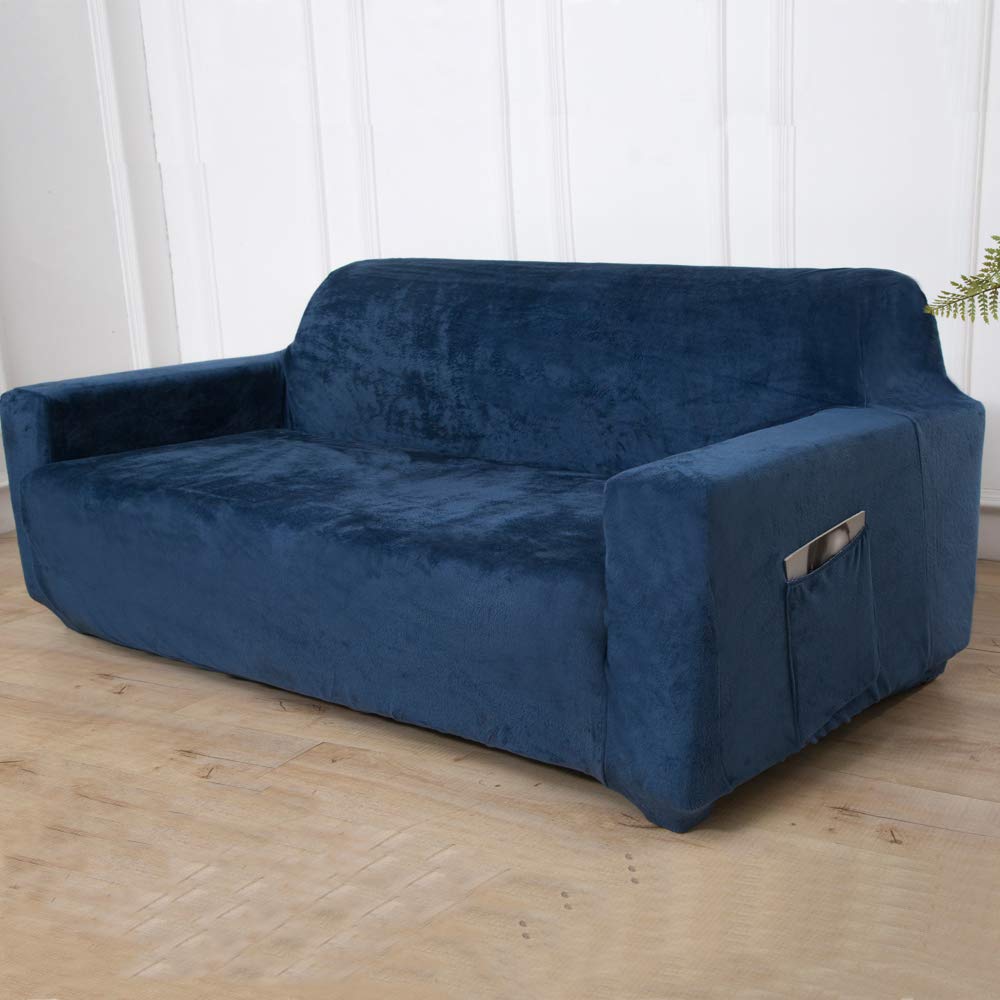 ACOMOPACK Velvet Sofa Cover Stretch Couch Cover for 3 Cushion Couch Cover Sofa Slipcover with Plastic Tuckers and Side Pocket for Living Room Furniture Protector for Dogs(Sofa, Navy Blue)