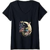 Womens Half Moon Dragonfly Insect Hippie Colorful Flowers V-Neck T-Shirt