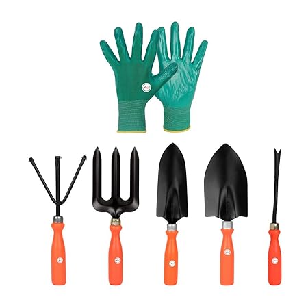 Kraft Seeds Gate Garden 5 Best Gardening Hand Tools Set with One Pair Hand Gloves for Your Garden, orange handle and black metal (Gate-001)