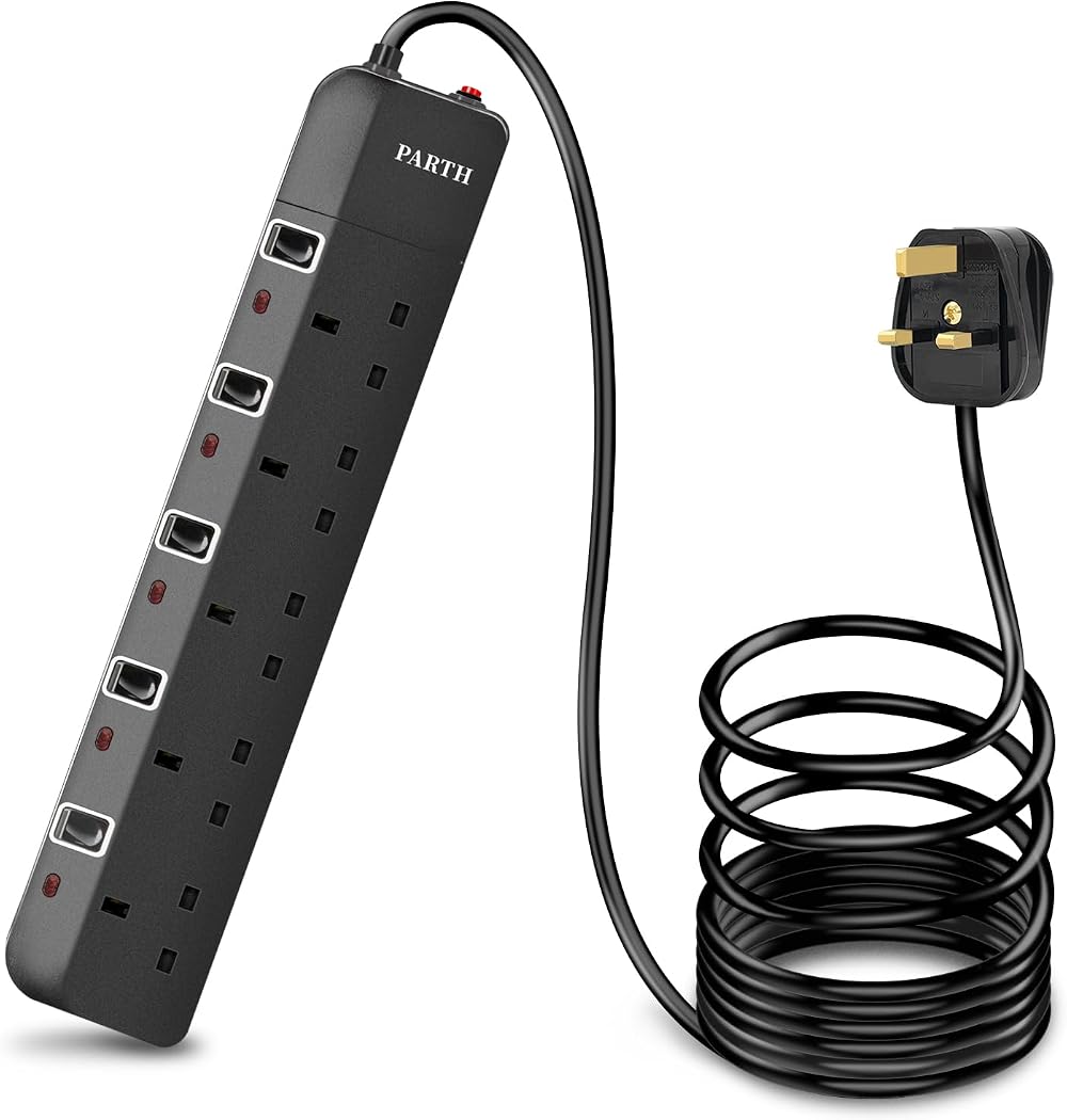 PARTH 2M Black Extension Lead 5 Gang Surge Protection UK Plug 13A 3250W