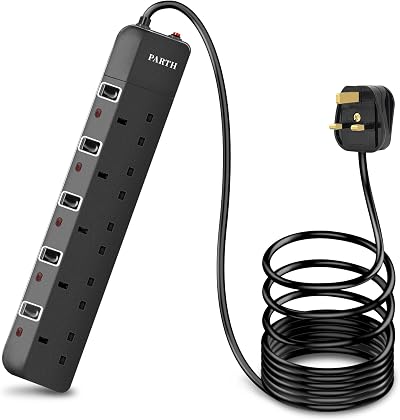 PARTH 2M Black Extension Lead 5 Gang Surge Protection UK Plug 13A 3250W