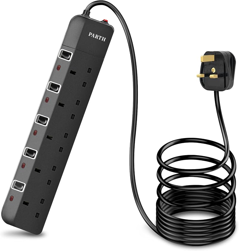 PARTH 2M Black Extension Lead 5 Gang Surge Protection UK Plug 13A 3250W