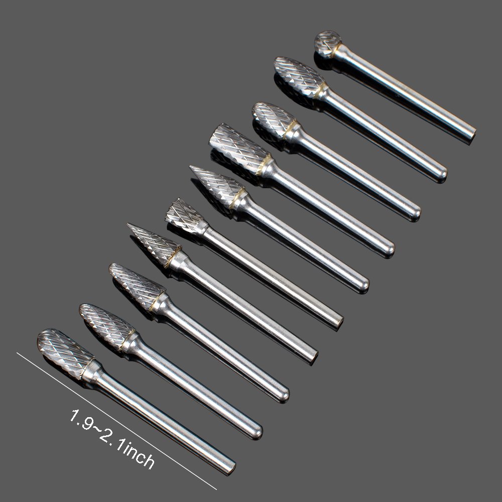 Ovovo 10 pcs Double Cut Tungsten Carbide Rotary Burr SET 1/8（3mm）for Grinder Drill DIY Wood Metal Carving Engraving Drilling