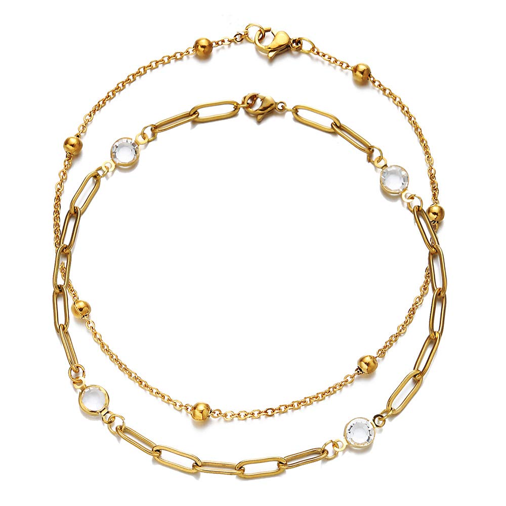 Square Chain Double Layer Anklet Stainless Steel Wild Shiny Crystal Anklet Beach Dinner Jewelry Birthday Gift for Women Teen Girls (Gold01)