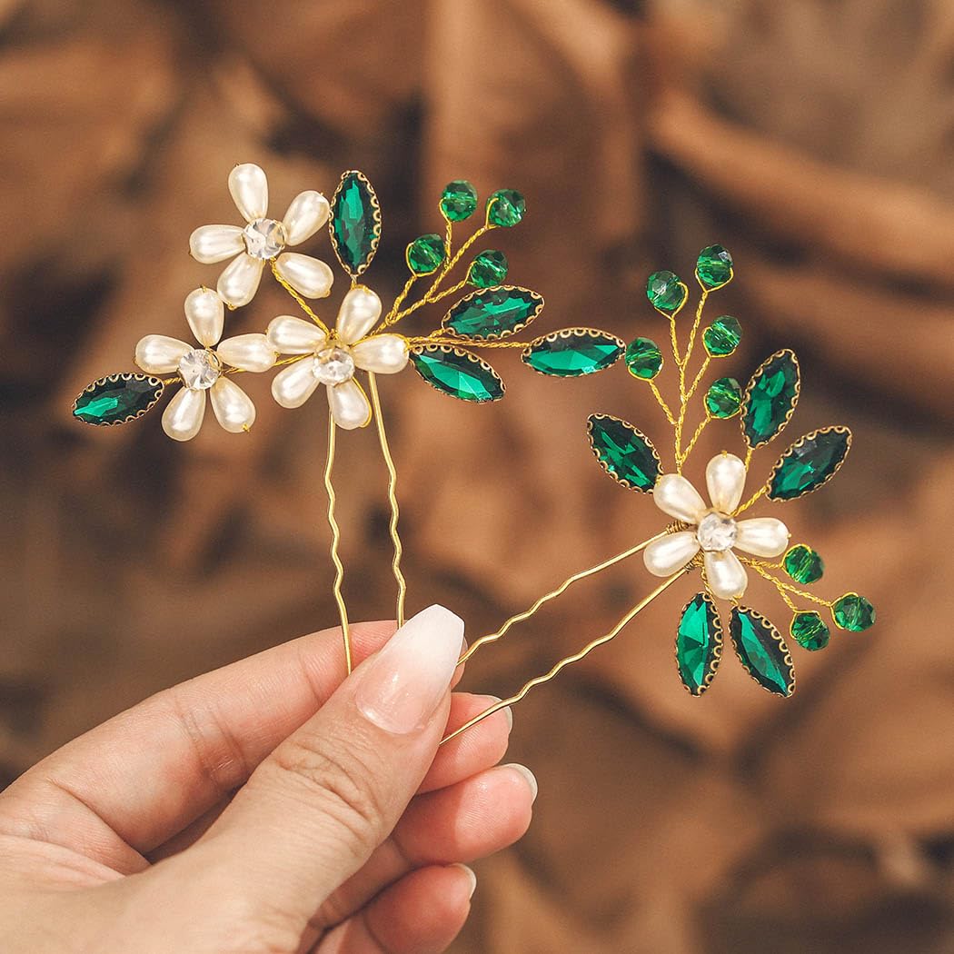 IYOU Bridal Wedding Hair Pins Green Crystal Hair Pieces Pearl Bride Bridesmaid Hair Accessories for Women(Pack of 2)