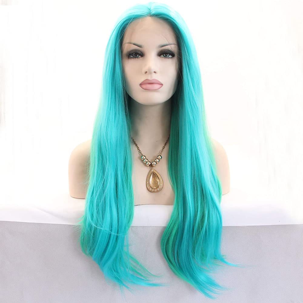 xiweiya Straight Blue/Green Synthetic lace front wig for Women Mermaid Piano Mixed Multi-colored Blue 13 * 3 Lace Front Wig Natural Looking Heat Resistant Fiber 150% Density Wig 24inch … — image 1