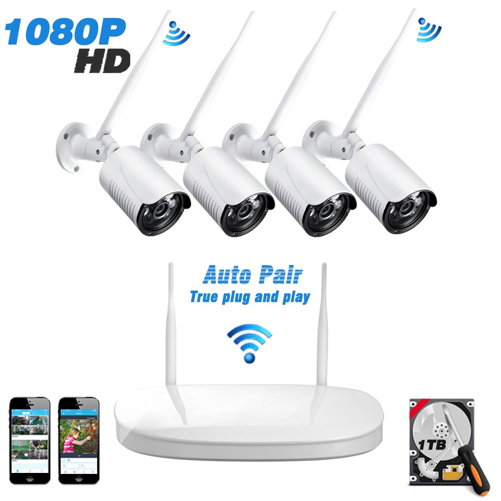Wireless Outdoor Security Cameras System, 4 x 1080P CCTV Cameras NVR Kit for Home Garden, Wifi Surveillance Camera Set for Indoor / Outdoor, IP Camera with 1TB HBB Pre-installed, Night Vision, Motion Sensor, IP66 Waterproof, Motion Sensor -