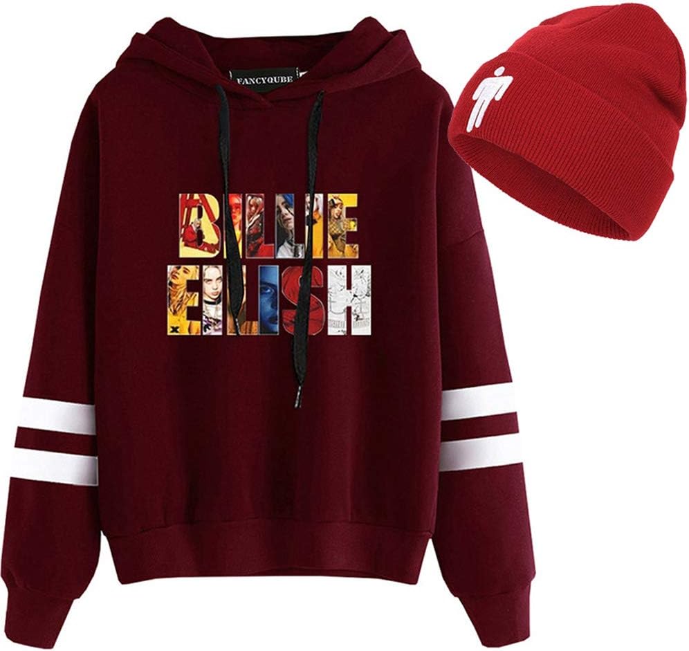 CREPUSCOLO Unisex Billie Eilish Hoodie with Beanie Knit Hat 2 Piece Set Stretchy Cap Long Sleeve Sweatshirt