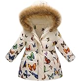ODIZLI Kids Girls Boys Light Puffer Floral Print Faux Fur Hoodie Zip Up Fleece Fall Winter Jacket