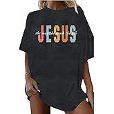 AMWIPE Christian Shirts for Women Oversized Jesus Shirt Faith Graphic Religious Sayings Tee Shirt Drop Shoulder Tops