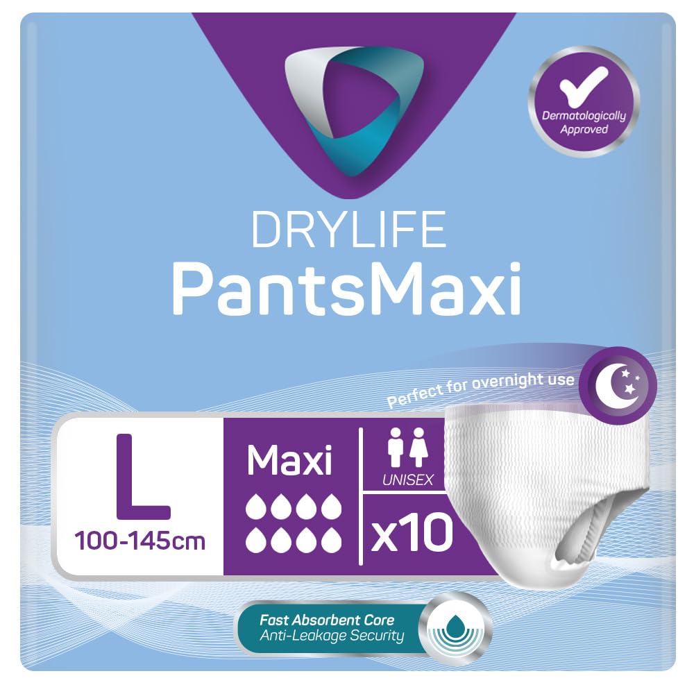 Drylife Pants Maxi Disposable Pull-Up Unisex Incontinence Pants | Dry Feel Technology, Anti-Leak Security, Kind to Skin Soft Breathable Material - Large (1 Pack of 10)