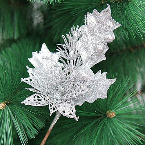 cozyou (Pack of 6) Glittery Artificial Berry Picks for Wedding Holiday Christmas Tree Wreath Garland Decorations, Silver