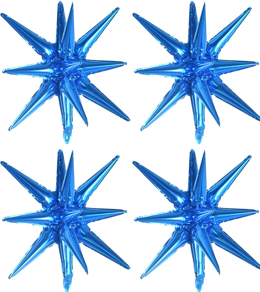 TONIFUL 4 Pcs 22inch 4D Huge Blue Star Balloons Explosion Star Mylar Foil Balloons for Party Supplies Backdrop Christmas,New Year,Birthday, Wedding,Photo Booth Ornament