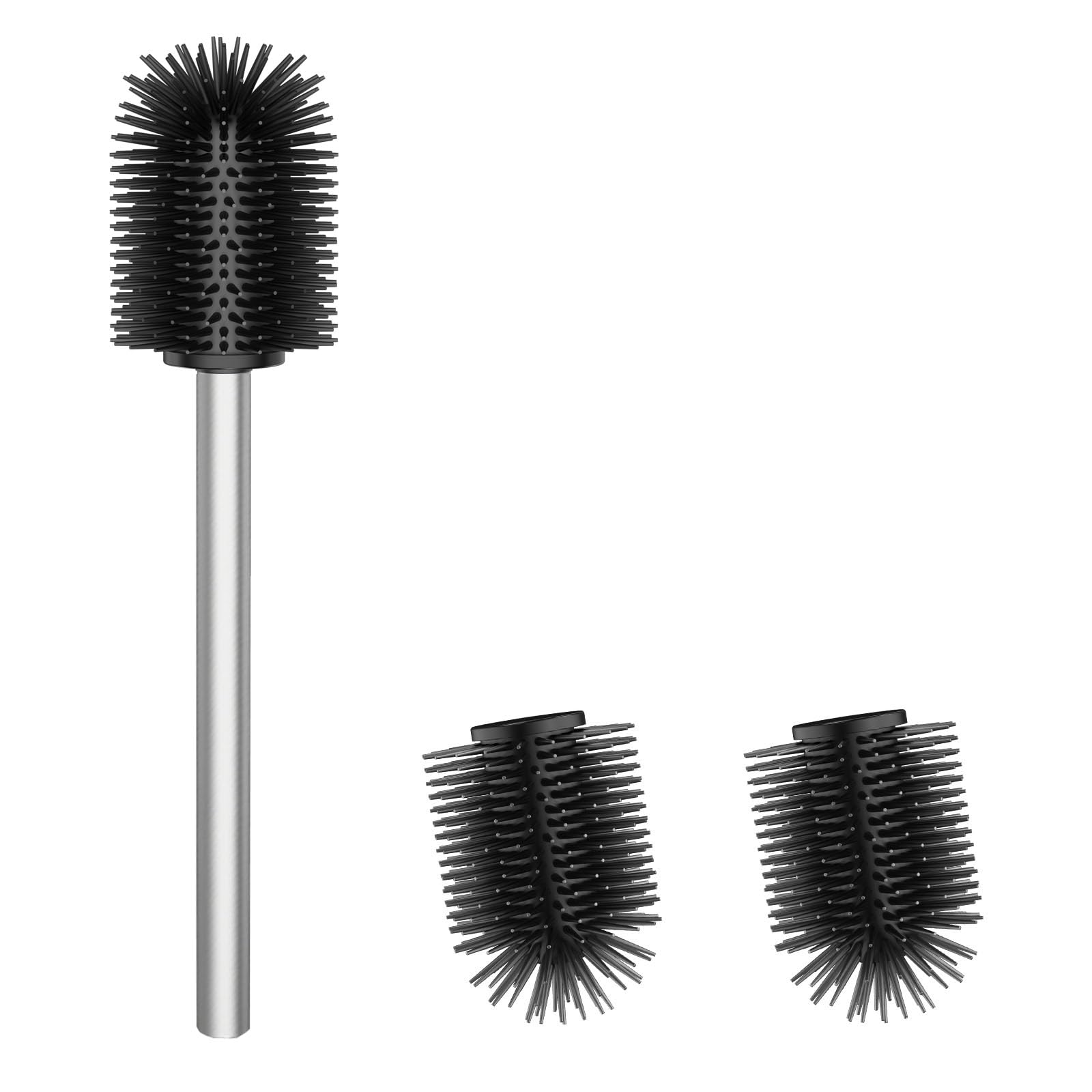 WAVEWO Silicone Toilet Brush with 2 Brush Heads, 7 cm Diameter Toilet Brush Made of 304 Stainless Steel for Bathroom Cleaning (Silver)