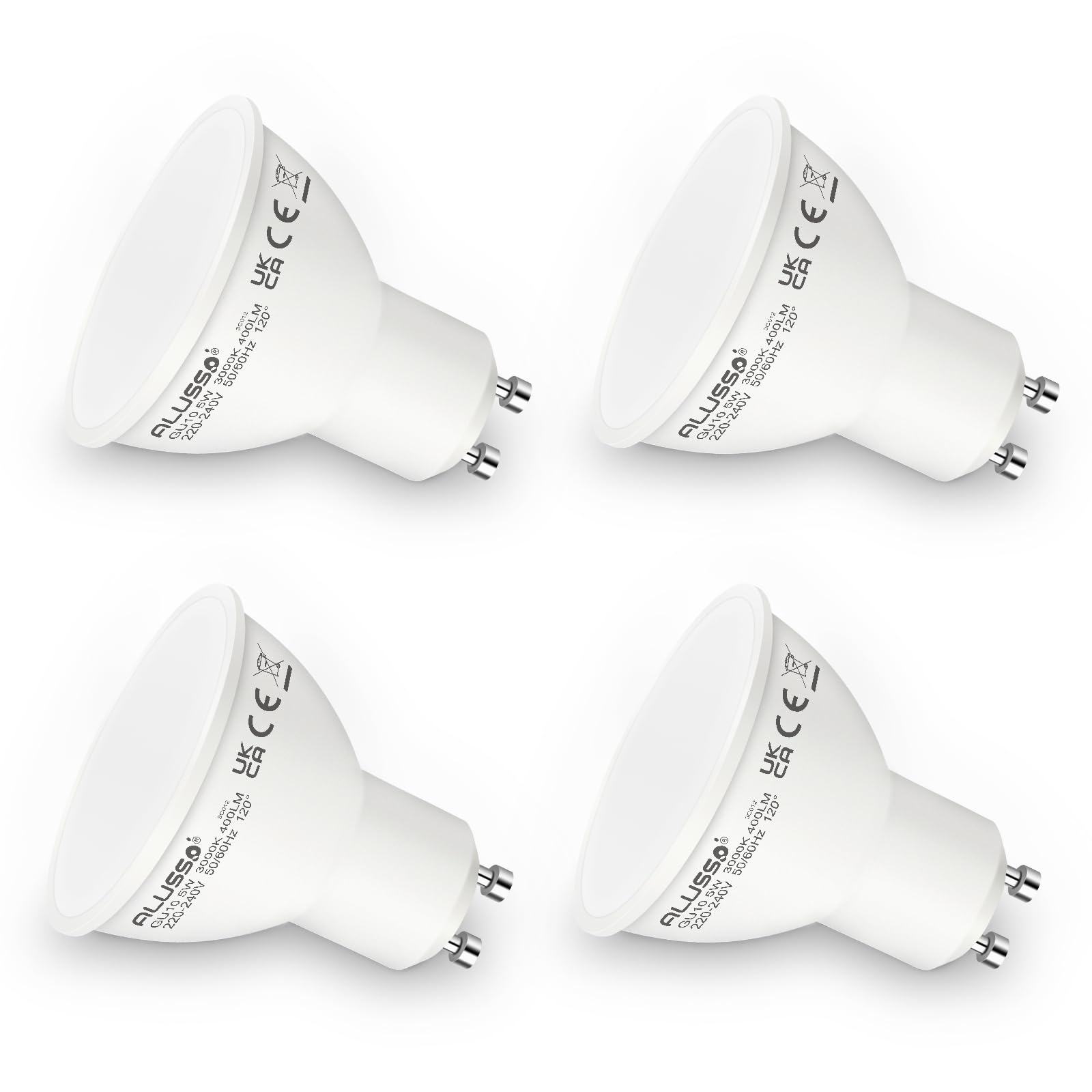 ALUSSO LIGHTING GU10 LED 5W Bulbs, Replaces 50W Halogen Lamp, 400 Lumen 3000K Warm White Lamps, Beam Angle 120° Flicker-Free Spotlights, Non Dimmable Reflector Lamps, 4-Pack