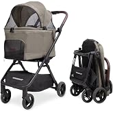 WonderFold Bella Pet Stroller, Lightweight Aluminum Frame, Dune | Autofold Pet Stroller with a Breathable Carriage Fabrics and Canopy, Safety Tethers &amp; Easy-Clean Interior