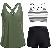 Holipick 3 Piece Tankini Swimsuits for Women Tummy Control Bathing Suits Swim Tank Top with Bra Boy Shorts Teen Swimwear