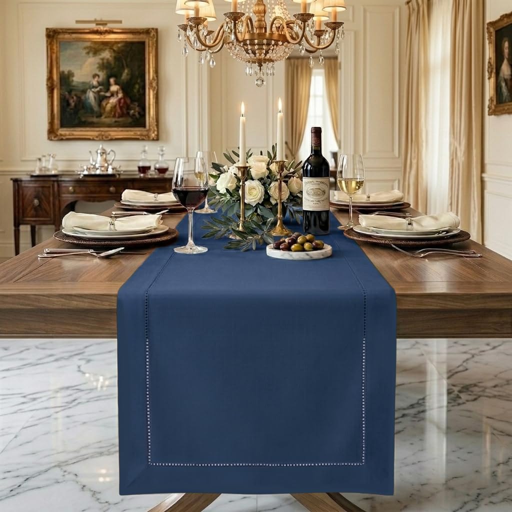 D'Moksha Homes Linen Navy Blue Table Runner 183 CM Long - 100% Pure Linen Hemstitch Table Runner 36 x 183 cm for Dresser, Dining, Winter, Christmas, Holiday - Classic Hemstitch — image 1