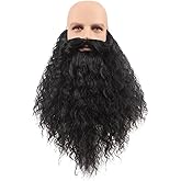 Honcloud 18 Inch Men's Long Curly Synthetic Pre - styled Realistic Fake Beard for Wizard Costume and Halloween Party (Black)