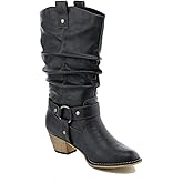 WestCoast Women's Mid Calf Cowboy Boots Distressed Slouchy O-Ring Studded Pull on Block Heel Riding Boots Black 6