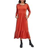 Auhoot Women's Long Sleeve Fall Dress 2026 Spring Crewneck Casual Swing Pleated Tiered Long Maxi Dresses with Pockets