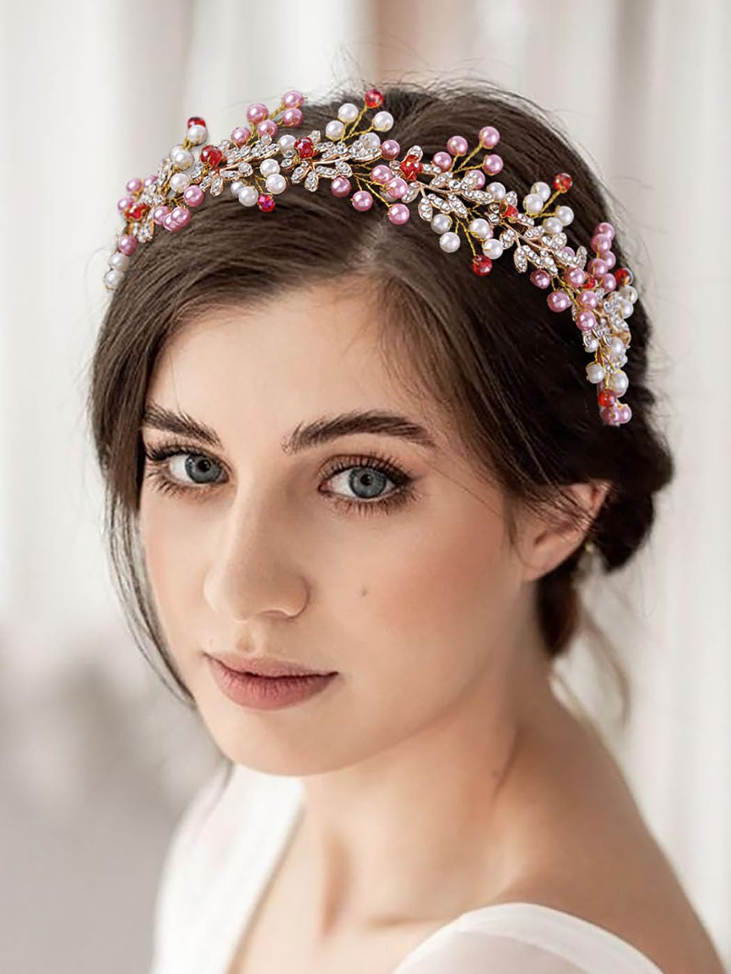 IYOU Pearl Wedding Hair Vine Pink Leaf Bridal Headband Crystal Bridesmaid Bride Hair Piece Accessories for Women(Gold)