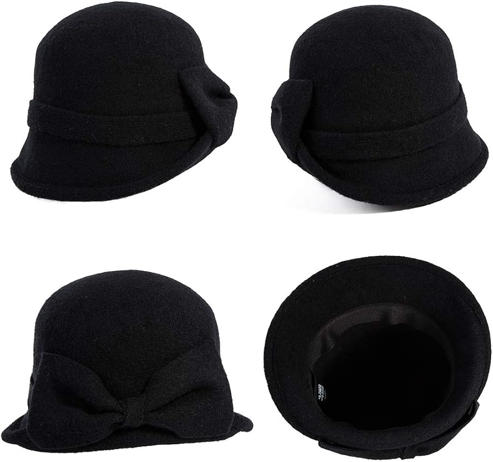 Womens Black Vintage Wool Felt Cloche Bucket Hat Winter Bowler Cap Packable at  Women’s Clothing store