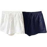 SOLY HUX Women's Tie Front Elastic Waist Linen Mini Shorts 2 Packs Vacation Summer Short Pants
