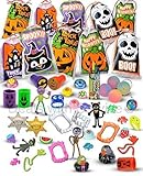 Halloween Toy Assortment Trick or Treat Party Favors Filled in 15 Drawstring Goodie Bags. Set Includes Tattoos Crayons Stampers Erasers teeth fangs frogs balls Rings poppers coil springs