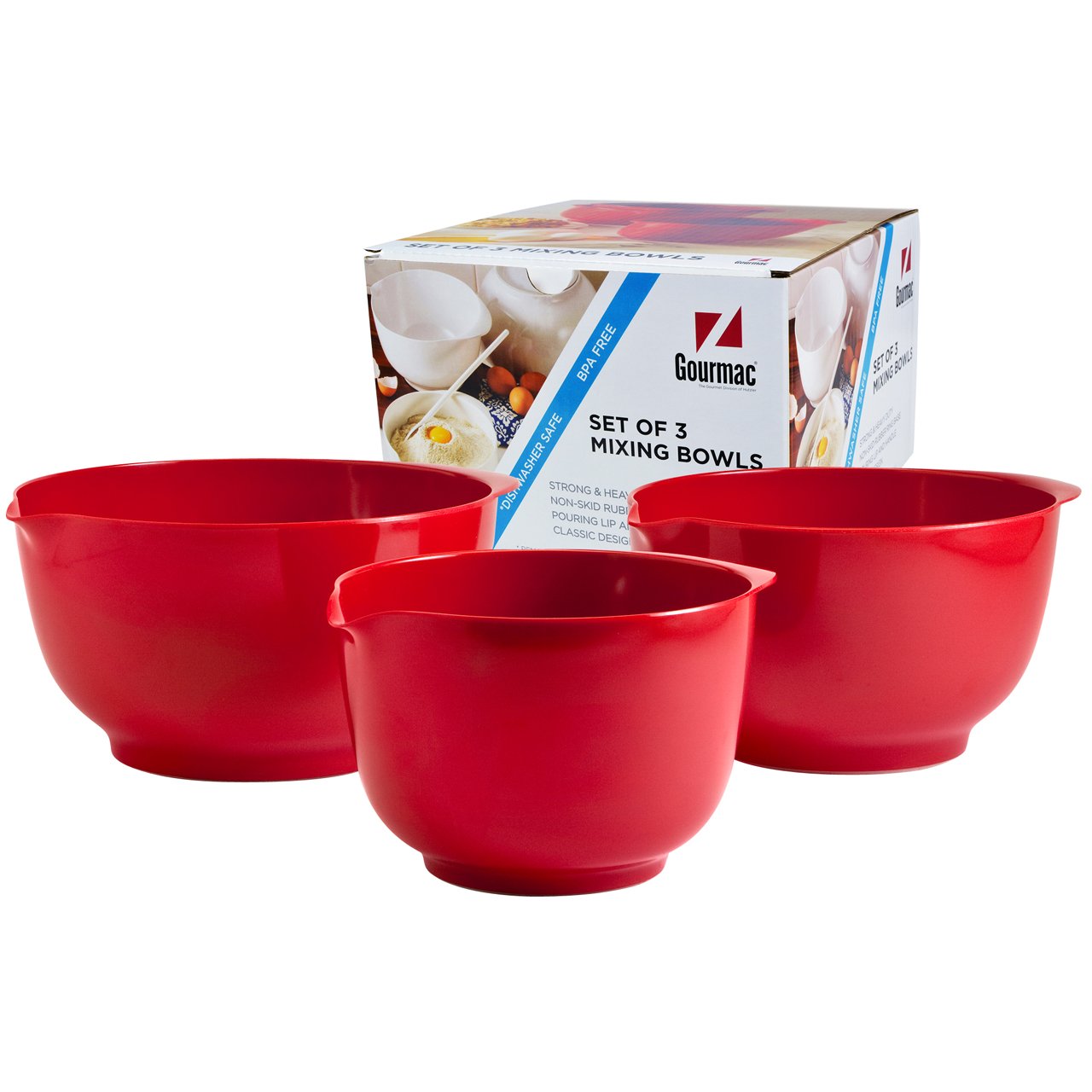 Hutzler Melamine Mixing Bowl Set: 2, 3 and 4 Liters/quarts, Red (3234RD)