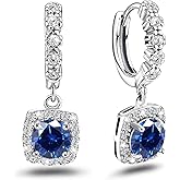 Dangle Hoop Earrings Sterling Silver Huggie Earrings with Princess Cut Blue Square Halo CZ Charm Dangling Drop Cartilage Cuff Earring Hypoallergenic Jewelry For Women Wife Party Birthday Wedding Gifts