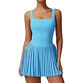 Womens Square Neck Tennis Dress Pleated Sleeveless Backless Built in Shorts Golf Athletic Dress with Pockets