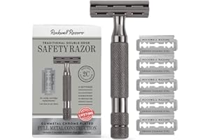 ROCKWELL RAZORS 2C Gunmetal Chrome Double Edge Safety Razor With Adjustable Shave Settings and 5 Fully Recyclable Razor Blades. Reusable Safety Razors for Men and Women
