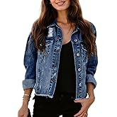 Kedera Womens Denim Jacket Distressed Frayed Ripped Jean Jacket Casual Button Down Light Jackets with Pockets