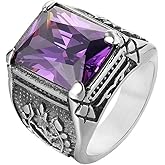 SINLEO Men's Stainless Steel Vintage Wide Cubic Zirconia Signet Ring Multicolor Square Stone Rings