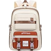 Cute Aesthetic Backpack for Women College Laptop Backpacks Kawaii Preppy Multiple Pockets Anti Theft Waterproof Large Daypack (Khaki)