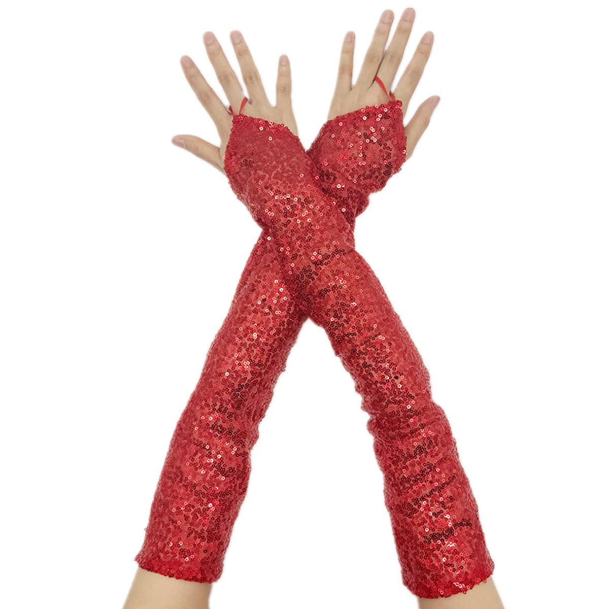 SamHeng Sequin Fingerless Gloves for Women, Glitter Extra Long Opera Gloves Elastic Shiny Elbow Length Dance Gloves Fancy Dress Gloves for Masquerade Party Rave Cosplay Stage Performance (Red)