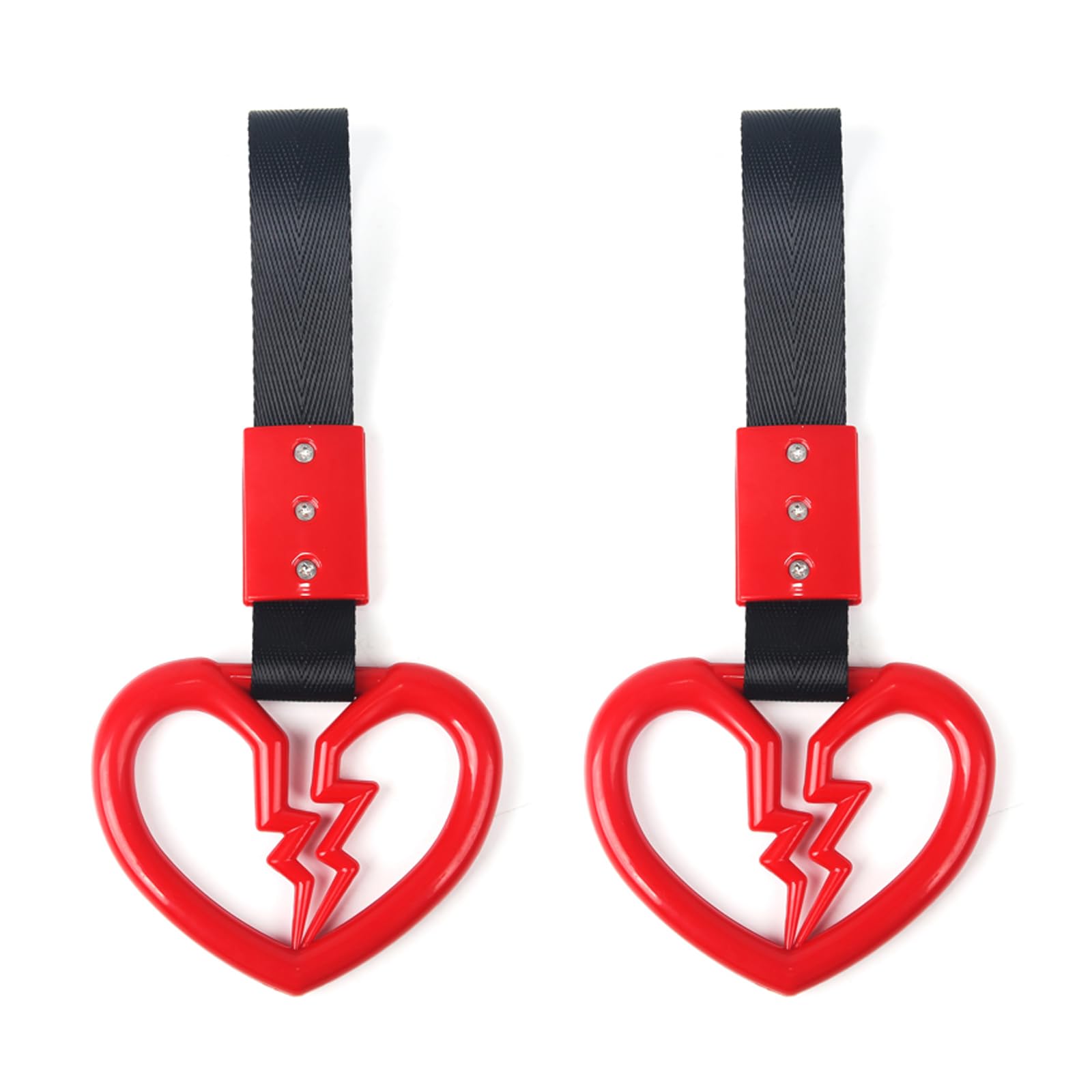 Photo 1 of 2 PCS Broken Heart Shaped Car Handle Straps Hang Ring Rear Bumper Warning Ring Decorative Subway Train Bus Handle Hand Strap Drift for Car (Red)