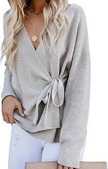 Womens Wrap V Neck Long Sleeve Sweaters 