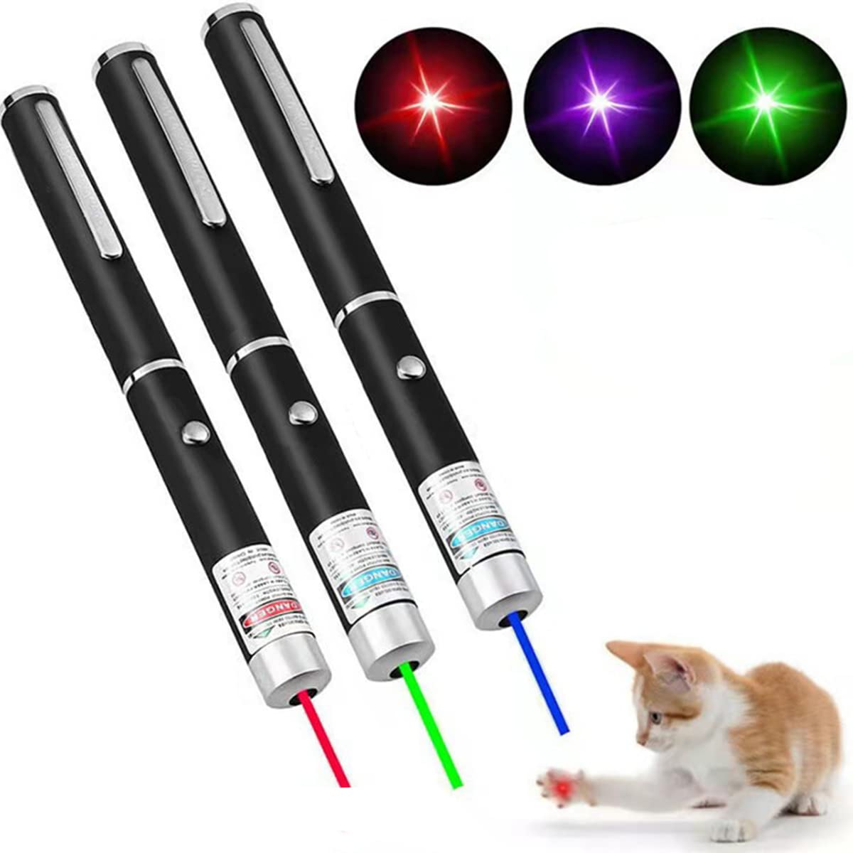 Photo 1 of 3 Pcs Cat Toys Green Red Blue Light Dogs Pet Laser Toy Interactive Chase Pen Tease Cat Laser Light (Mixed Color, Without Battery 3 Pack)