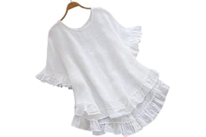 SAFUNY Women's Casual Ruffle Short Sleeve Blouses Cotton Linen Plus Size Tops Summer Loose Fit Fashion Ruffled Hem Shirts