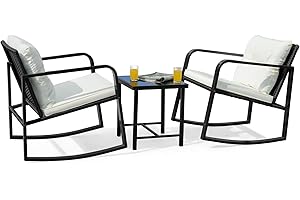 Flamaker Patio Chairs 3 Piece Wicker Rocking Chair Outdoor Bistro Sets with Coffee Table and Cushions Metal Frame Patio Furniture for Porch, Balcony, Lawn (White)