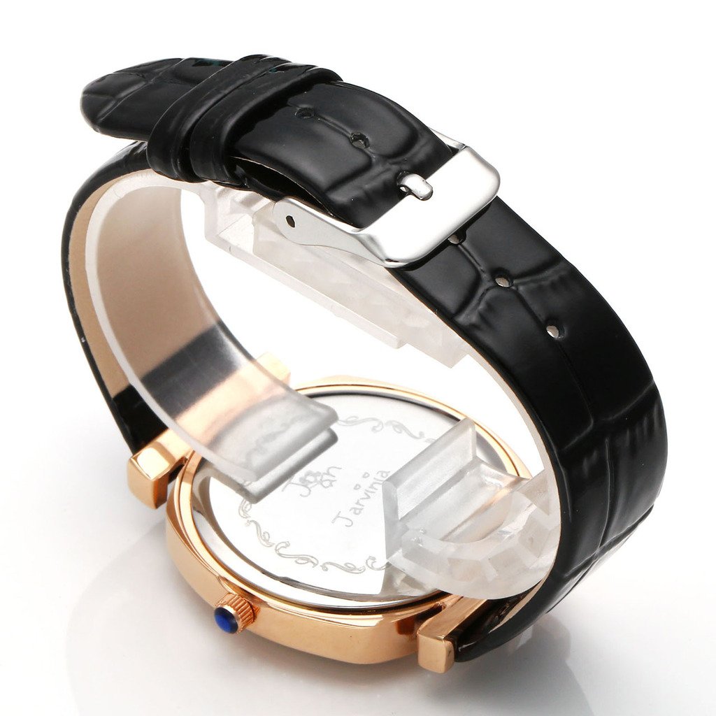 JSDDE Uhren,Elegant Frau Damen Armbanduhr Strass Quadrat Damenuhr Echtleder Armband Rosegold Analog Qaurzuhr,Schwarz