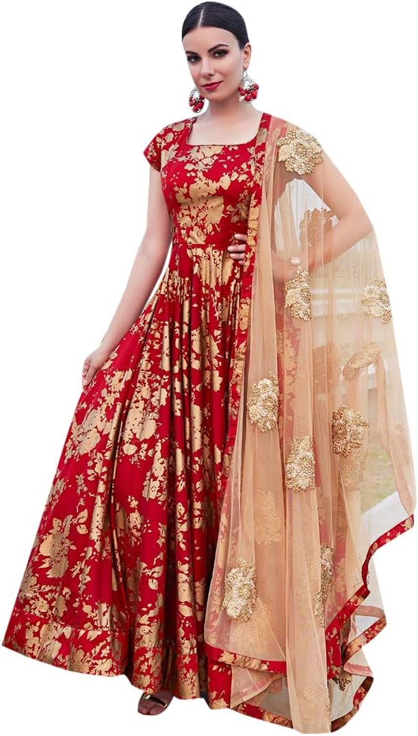 Red Muslim Anarkali Silk Net Dupatta Pakistani Wedding Bridal Long Dress Salwar Kameez Suit Ethnic 768