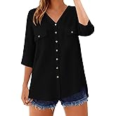 LOMON Women's Button Down Shirts Summer 3/4 Sleeve V Neck Blouses Lightweight Casual Office Work Tops with Pockets